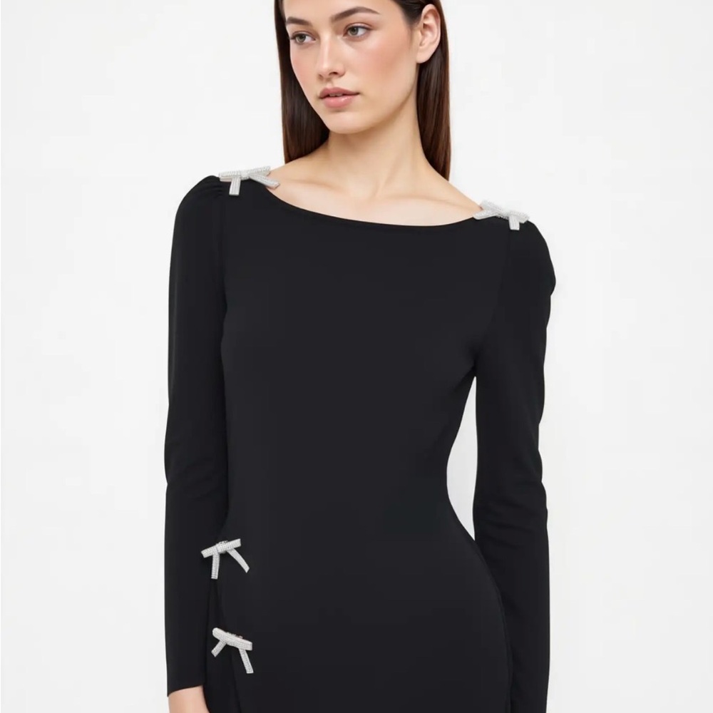 Cider Black Long Sleeve Dress with Bow Details